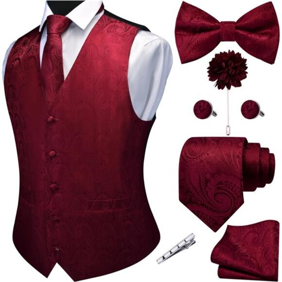 Men's V-Neck Suit Vests 7PCS Wine Red